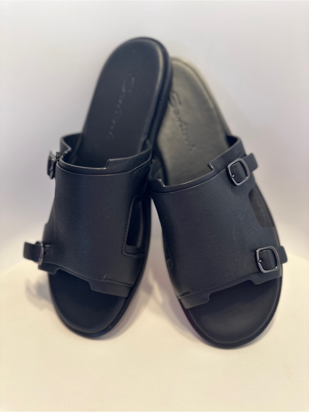 Santoni Black Leather Slide Sandals with Dual Buckle Straps - Picture 2 of 6